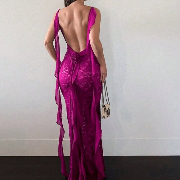 Red Violet Elegant Women's Comfortable Lace Ruffled Back Ruched Chiffon Dress - Picture 4 of 5